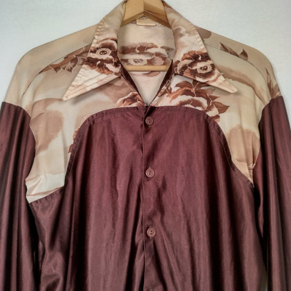Paul Howard California Western Shirt Men M Brown Floral Pointy Collar Country